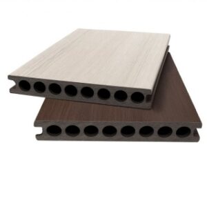 Deck 3D cu 2 fete  din WPC 143x23mm  L 3800mm  Structura cu Gol Rotund pentru Rezistenta Sporita  o fata maro  o fata gri desch