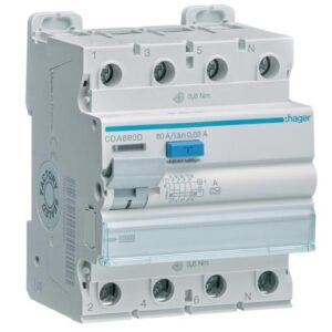 Intrerupator diferential RCCB 4 poli 10kA 80A 30mA tip A Hager CDA680D
