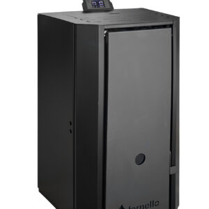 Pachet Centrala pe peleti Fornello EVA B Black 25 KW pompa circulatie vas expansiune Grup siguranta WI-FI buncar tiraj fortat kit evacuare termostat Salus 091FLRFV2 aspiratior Clasa A++ recomandat pentru 160 mp Negru