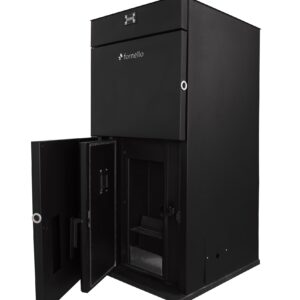 Centrala pe peleti Fornello Pellet King 25 KW echipata cu: pompa de circulatie vas de expansiune supapa de siguranta automatizare telecomanda rezervor pentru peleti tiraj fortat