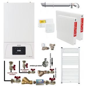 Pachet apartament cu o camera centrala termica pe gaz in condensare Motan Condens KPlus 22.5 kW kit evacuare termostat calorifere otel kit armaturi centrala robineti calorifer