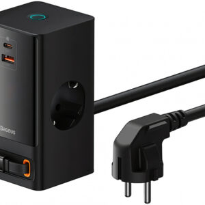 Incarcator retea Baseus GaN3 Pro Powerstrip, 1x USB-C, 1x USB, 2x Schuko, Quick Charge 65 W, Cablu USB-C integrat, Black