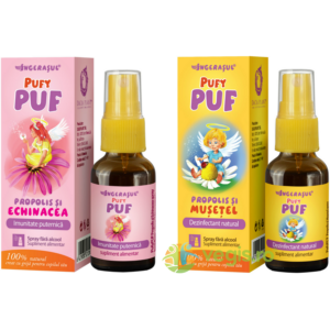 Pachet pentru Copii Pufy Puf: Propolis si Echinacea Spray fara Alcool 20ml  + Propolis si Musetel Spray fara Alcool 20ml
