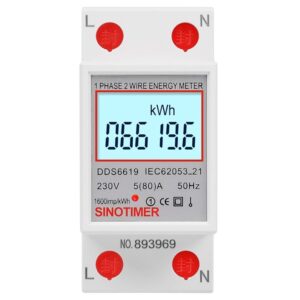 Contor monofazat de energie electrica, Sinotimer, 230V AC 50Hz, 5(80)A, ecran digital LED iluminat, DDS6619-006