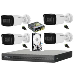 Sistem complet de supraveghere Dahua DH-4CEXT80MA-5MP HDCVI cu 4 camere de exterior de 5MP, 3.6mm, IR 80m, microfon