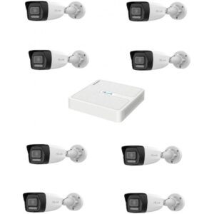 Kit NVR 8 canale POE cu 8 camere IP 4MP, lentila 2.8mm, Dual light 30m, microfon, PoE, IP67