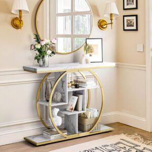 MAU43 - Masa Consola, 105 cm, masuta hol cu rafturi, living, dormitor - Auriu / Alb Imitatie de Marmura