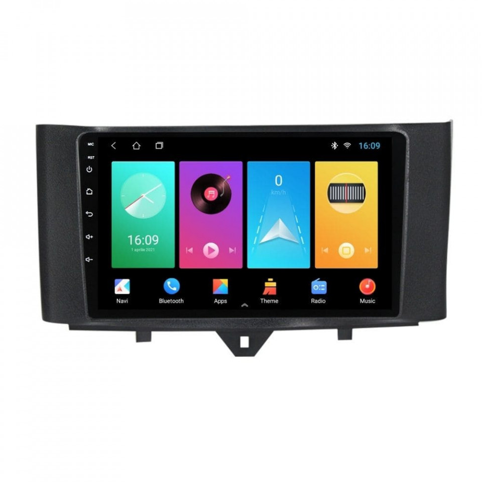Navigatie dedicata cu Android Smart Fortwo 2011 - 2014, 1GB RAM, Radio GPS Dual Zone, Display HD IPS 9" Touchscreen, Internet Wi-Fi, Bluetooth, MirrorLink, USB