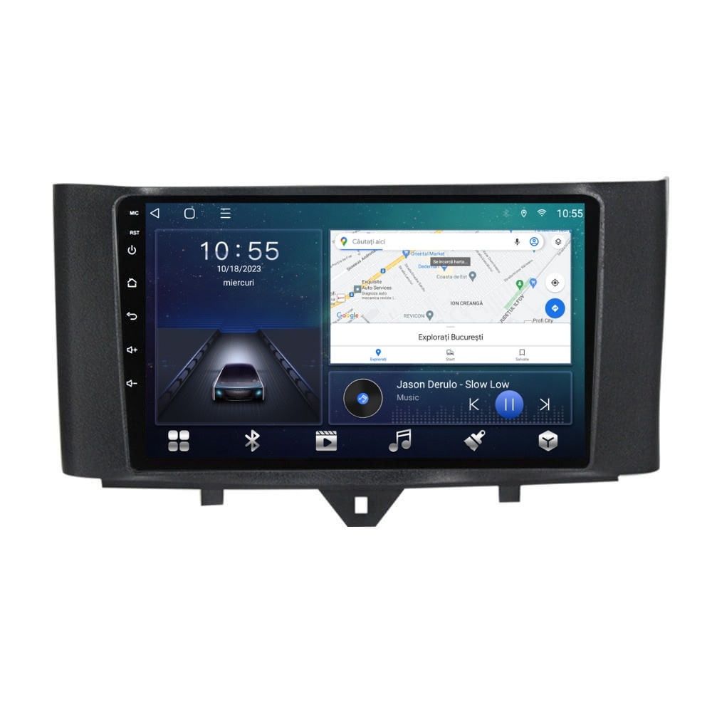 Navigatie dedicata cu Android Smart Fortwo 2011 - 2014, 2GB RAM, Radio GPS Dual Zone, Display HD QLED 9" Touchscreen, Internet Wi-Fi si slot SIM 4G, Bluetooth, MirrorLink, USB