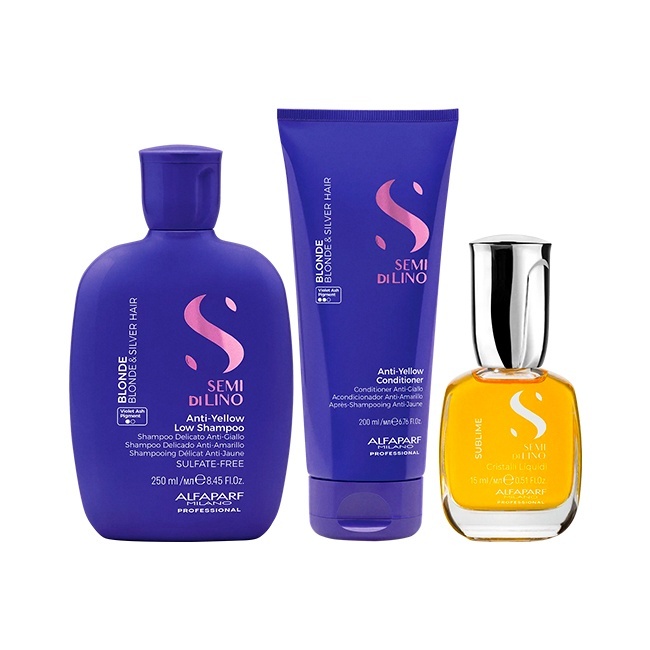 Pachet Alfaparf Semi di Lino Blonde pentru neutralizarea tonurilor de galben, Sampon 250 ml + Balsam 200ml + Ulei Cristalli Liquidi 15 ml