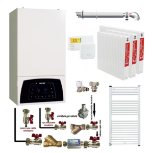 Pachet apartament cu 2 camere centrala termica Motan Condens Plus 100 25 kW condensatie termostat kit evacuare inclus calorifere otel kit armaturi centrala robineti calorifer