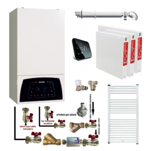 Pachet apartament cu 2 camere centrala termica Motan Condens Plus 100 25 kW condensatie termostat Salus IT 500 kit evacuare inclus calorifere otel kit armaturi centrala robineti calorifer
