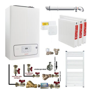 Pachet apartament cu 2 camere centrala termica murala in condensare Immergas Victrix TERA 24/28 V2 Gaz 24 kW kit evacuare inclus termostat calorifere otel kit armaturi centrala robineti calorifere