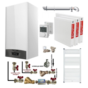 Pachet apartament cu 2 camere centrala termica murala in condensare Ariston CLAS ONE+ WI-FI 24 Gaz 24 kW Termostat kit de evacuare inclus calorifere otel kit armaturi