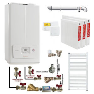 Pachet apartament cu 2 camere centrala termica pe gaz in condensare Immergas Victrix Omnia V2 26 condensatie 20 kW incalzire 26 kW preparare apa calda kit evacuare inclus termostat calorifere otel kit armaturi centrala robineti calorifere