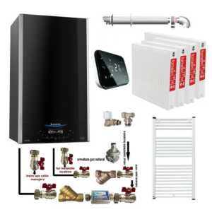 Pachet apartament cu 3 camere centrala murala in condensare Ariston Alteas One Net 24 24 kw Interfata cu ecran tactil kit de evacuare inclus termostat Salus IT 500 calorifere otel kit armaturi centrala robineti calorifere