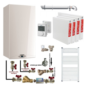 Pachet apartament cu 3 camere centrala termica in condensatie Ariston HS Premium EU2 24 termostat kit evacuare inclus calorifere otel kit armaturi centrala robineti calorifer