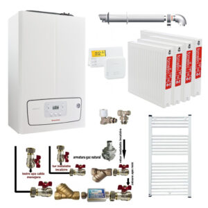 Pachet apartament cu 3 camere centrala termica murala in condensare Immergas Victrix TERA 24/28 V2 Gaz kit evacuare inclus termostat calorifere otel kit armaturi centrala robineti calorifere