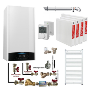 Pachet apartament cu 3 camere centrala termica murala in condensare Ariston Genus One+ 24 Gaz 24 kW kit de evacuare inclus termostat calorifere otel kit armaturi centrala robineti calorifere