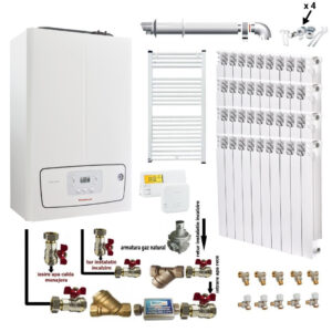Pachet apartament cu 3 camere centrala termica murala in condensare Immergas Victrix TERA 24/28 V2 24 kW termostat kit evacuare inclus calorifere aluminiu Fornello Alvo kit armaturi centrala si robineti