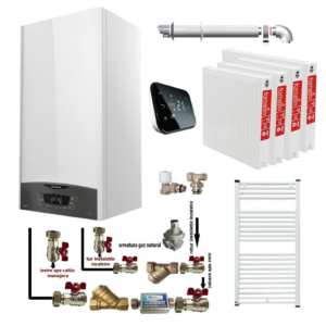 Pachet apartament cu 3 camere centrala termica murala in condensare Ariston CLAS ONE+ WI-FI 24 Gaz Termostat Salus IT 500 24 kW kit de evacuare inclus calorifere otel kit armaturi