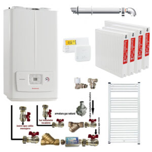Pachet apartament cu 3 camere  Immergas Victrix Omnia V2 26 condensatie 20 kW incalzire 26 kW preparare apa calda kit evacuare inclus termostat calorifere otel kit armaturi centrala robineti calorifere