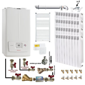 Pachet apartament cu 3 camere Immergas Victrix Omnia V2 26 condensatie 20 kW incalzire 26 kW preparare apa calda termostat kit evacuare inclus calorifere aluminiu Fornello Alvo kit armaturi centrala robineti calorifere