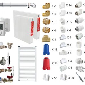 Pachet apartament cu o camera centrala termica in condensatie Ariston HS Premium EU2 24 kit evacuare inclus termostat calorifere otel teava PPR si fitinguri kit armaturi centrala robineti calorifer