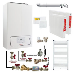 Pachet apartament cu o camera centrala termica murala in condensare Immergas Victrix TERA 24/28 V2 Gaz 24 kW kit evacuare inclus termostat calorifere otel kit armaturi centrala robineti calorifere