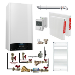 Pachet apartament cu o camera centrala termica murala in condensare Ariston Genus One+ 24 Gaz 24 kW kit de evacuare inclus termostat calorifere otel kit armaturi centrala robineti calorifere