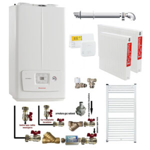 Pachet apartament cu o camera centrala termica pe gaz in condensare Immergas Victrix Omnia V2 26 condensatie 20 kW incalzire 26 kW preparare apa calda kit evacuare inclus termostat calorifere otel kit armaturi centrala robineti calorifere