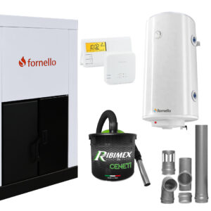 Pachet Centrala pe peleti Fornello Eco Energy 25 kW complet echipata cu pompa vas expansiune automatizare boiler kit evacuare 3.5 ml Termostat Salus 091FLRFV2 si Aspirator Cenusa curatare facila pana la 200 mp arzator fonta