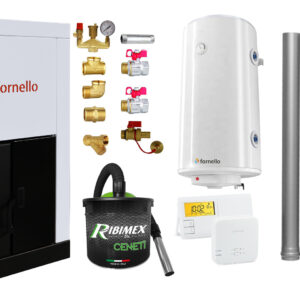 Pachet Centrala pe peleti Fornello Eco Energy 25 kW complet echipata cu pompa vas expansiune automatizare Fitinguri boiler kit evacuare 3.5 ml Termostat Salus 091FLRFV2 si Aspirator Cenusa curatare facila pana la 200 mp