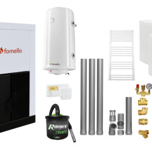 Pachet Centrala pe peleti Fornello Eco Energy 25 kW complet echipata cu pompa vas expansiune automatizare Radiatoare otel Fitinguri boiler kit evacuare 3.5 ml Termostat Salus 091FLRFV2 si Aspirator Cenusa curatare facila pana la 200 mp