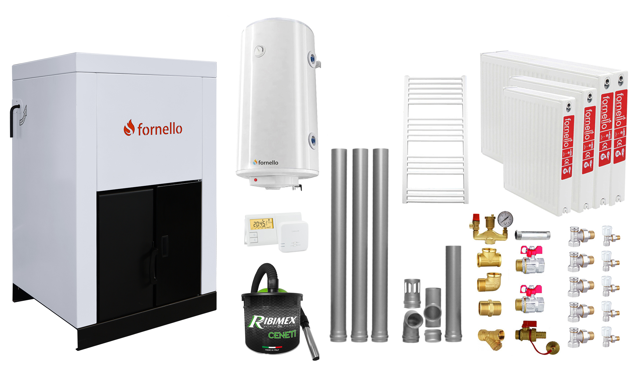 Pachet Centrala pe peleti Fornello Eco Energy 25 kW complet echipata cu pompa vas expansiune automatizare Radiatoare otel Fitinguri boiler kit evacuare 3.5 ml Termostat Salus 091FLRFV2 si Aspirator Cenusa curatare facila pana la 200 mp