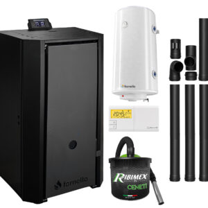 Pachet Centrala pe peleti Fornello EVA B Black 25 KW pompa circulatie vas expansiune Grup siguranta WI-FI buncar tiraj fortat kit evacuare termostat Salus 091FLRFV2 aspiratior boiler 100L Clasa A++ recomandat pentru 160 mp Negru