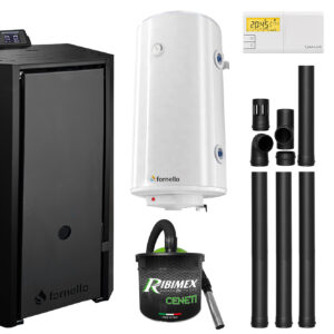 Pachet Centrala pe peleti Fornello EVA B Black 25 KW pompa circulatie vas expansiune WI-FI buncar tiraj fortat kit evacuare 3.5 ml termostat aspiratior boiler 100L si Fitinguri montaj