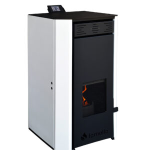 Pachet Termosemineu pe peleti Fornello EVA 25 KW pompa circulatie vas expansiune WI-FI buncar tiraj fortat kit evacuare 3.5 ml termostat aspiratior boiler 100L si Fitinguri montaj centrala/boiler