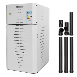Pachet centrala pe peleti Fornello INCANTO COMPACT 25 kW pompa electronica vas expansiune arzator inox grup de siguranta kit evacuare 3.5 ml sistem de curatare MECANICA a creuzetului si drumurilor de fum culoare alb