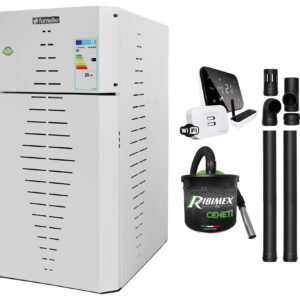 Pachet centrala pe peleti Fornello INCANTO COMPACT 25 kW pompa electronica vas expansiune arzator inox grup de siguranta kit evacuare termostat Salus IT500 aspiratior sistem de curatare MECANICA a creuzetului si drumurilor de fum culoare