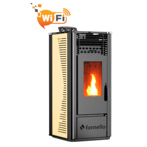 Pachet complet pentru incalzire cu control de la distanta format din Semineu (soba) pe peleti cu tiraj fortat Fornello SOPHIA WI-FI 11 kw termostat Salus IT 500 aspirator kit de evacuare 25 metri telecomanda Wi-fi culoare Ivory