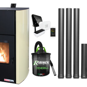 Pachet control de la distanta Termosemineu pe peleti Fornello Fiama Confort 12 kw complet echipat pentru incalzire Pompa Vas expansiune Automatizare Termostat ambiental Salus IT 500 Aspirator Cenusa si Kit evacuare 3.5 ml