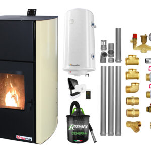 Pachet control de la distanta Termosemineu pe peleti Fornello Fiama Confort 12 kw complet echipat pentru incalzire Pompa Vas expansiune Automatizare Boiler 100 litri Termostat Salus IT 500 Aspirator Kit evacuare 3.5 ml si Fitinguri montaj