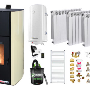 Pachet control de la distanta Termosemineu pe peleti Fornello Fiama Confort 12 kw Pompa Vas expansiune Automatizare Calorifere aluminiu Fornello Alvo Boiler 100 litri Termostat Aspirator Kit 3.5 ml si Fitinguri montaj