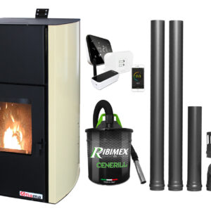 Pachet control de la distanta Termosemineu pe peleti Fornello Fiama Confort 18 kw complet echipat pentru incalzire Pompa Vas expansiune Automatizare Termostat ambiental Salus IT 500 Aspirator Cenusa si Kit evacuare 2.5 ml