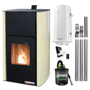 Pachet control de la distanta Termosemineu pe peleti Fornello Fiama Confort 18 kw complet echipat pentru incalzire Pompa Vas expansiune Automatizare Boiler 100 litri Termostat Salus IT 500 Aspirator Cenusa si Kit evacuare 3.5 ml