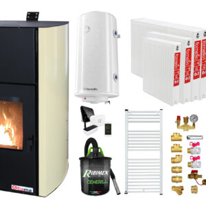 Pachet control de la distanta Termosemineu pe peleti Fornello Fiama Confort 18 kw Pompa Vas expansiune Automatizare Radiatoare otel Boiler 100 litri Termostat Aspirator Kit 3.5 ml si Fitinguri montaj