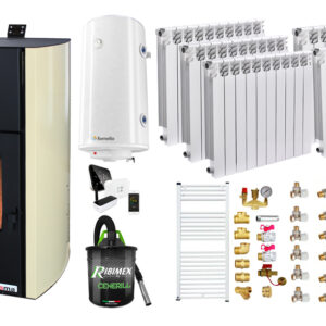 Pachet control de la distanta Termosemineu pe peleti Fornello Fiama Confort 18 kw Pompa Vas expansiune Automatizare Calorifere aluminiu Fornello Alvo Boiler 100 litri Termostat Aspirator Kit 3.5 ml si Fitinguri montaj