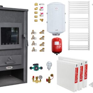 Pachet incalzire si apa calda pentru 2 camere Termosemineu pe lemne brichete si carbune Fornello B2E 14 kW 46x45x91 cm cos inox boiler termoelectric 80l vas expansiune pompa circulatie calorifere si kit montaj