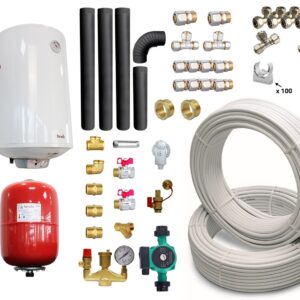 Pachet incalzire si apa calda pentru 2 camere Termosemineu pe lemne brichete si carbune Fornello B2E 14 kW 46x45x91 cm boiler termoelectric 80l teava vas expansiune pompa circulatie kit evacuare calorifere si fitinguri